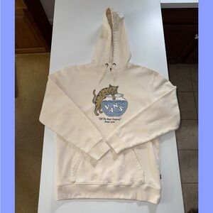 NWOT Vans Off The Wall Cream Pullover Hoodie with Cat and Fishbowl Design Size M